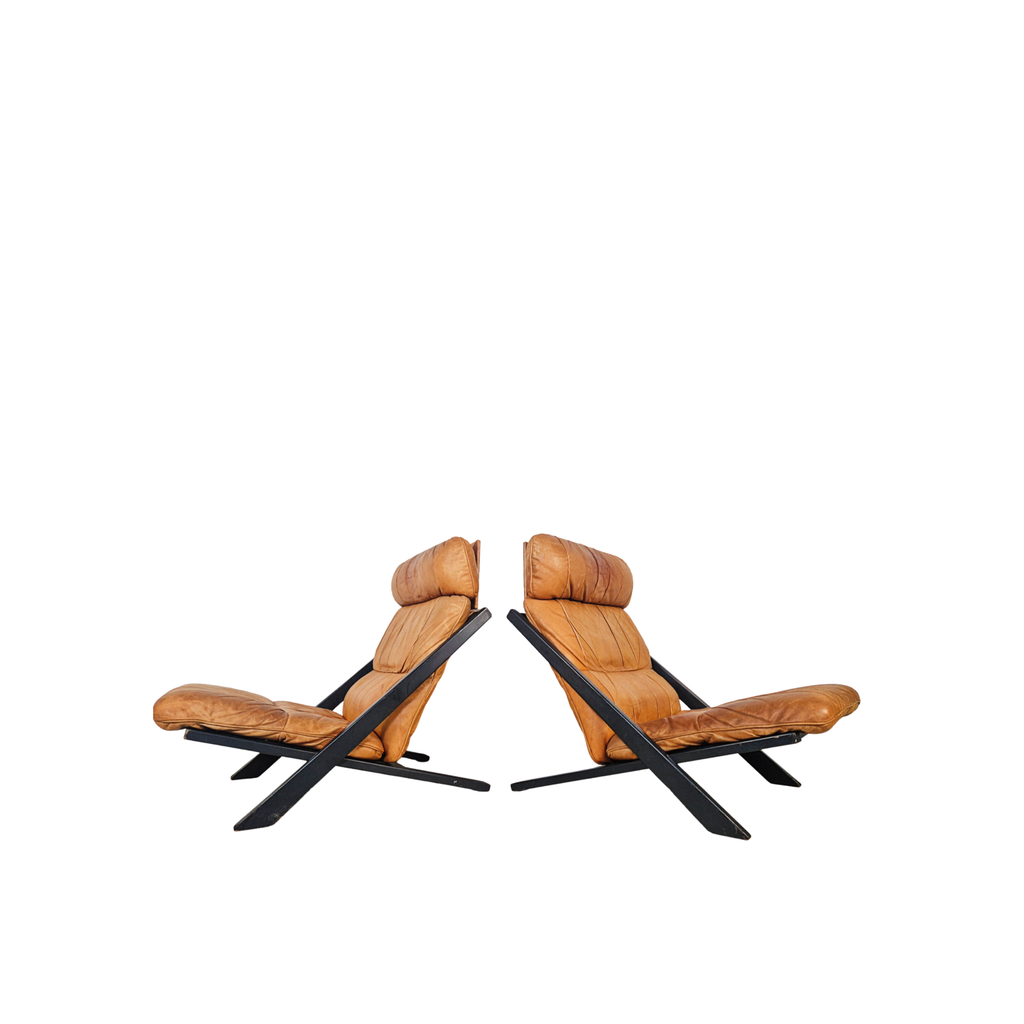 Ueli Berger for De Sede Model DS-80 Cognac Leather Lounge Chairs Pair