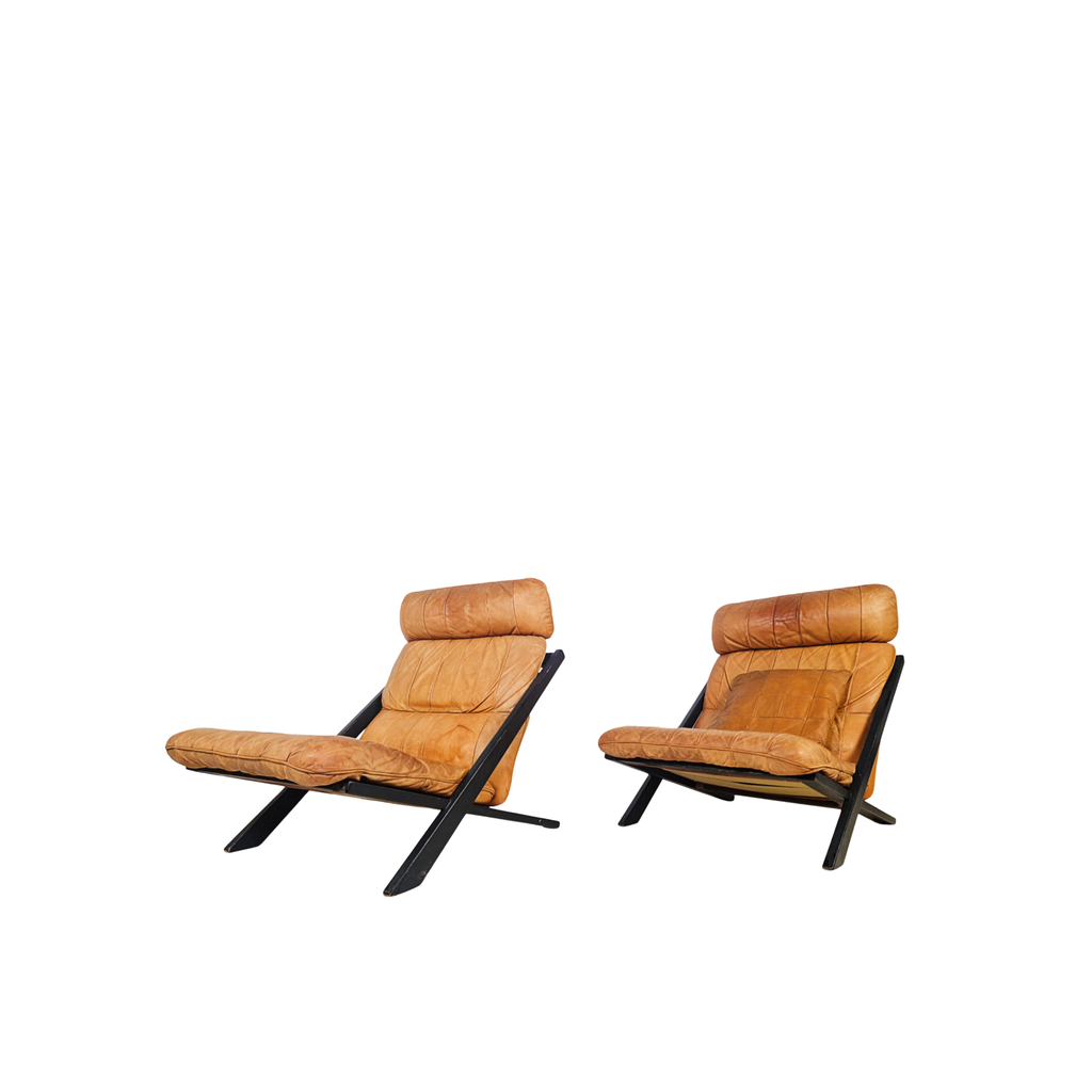 Ueli Berger for De Sede Model DS-80 Cognac Leather Lounge Chairs Pair
