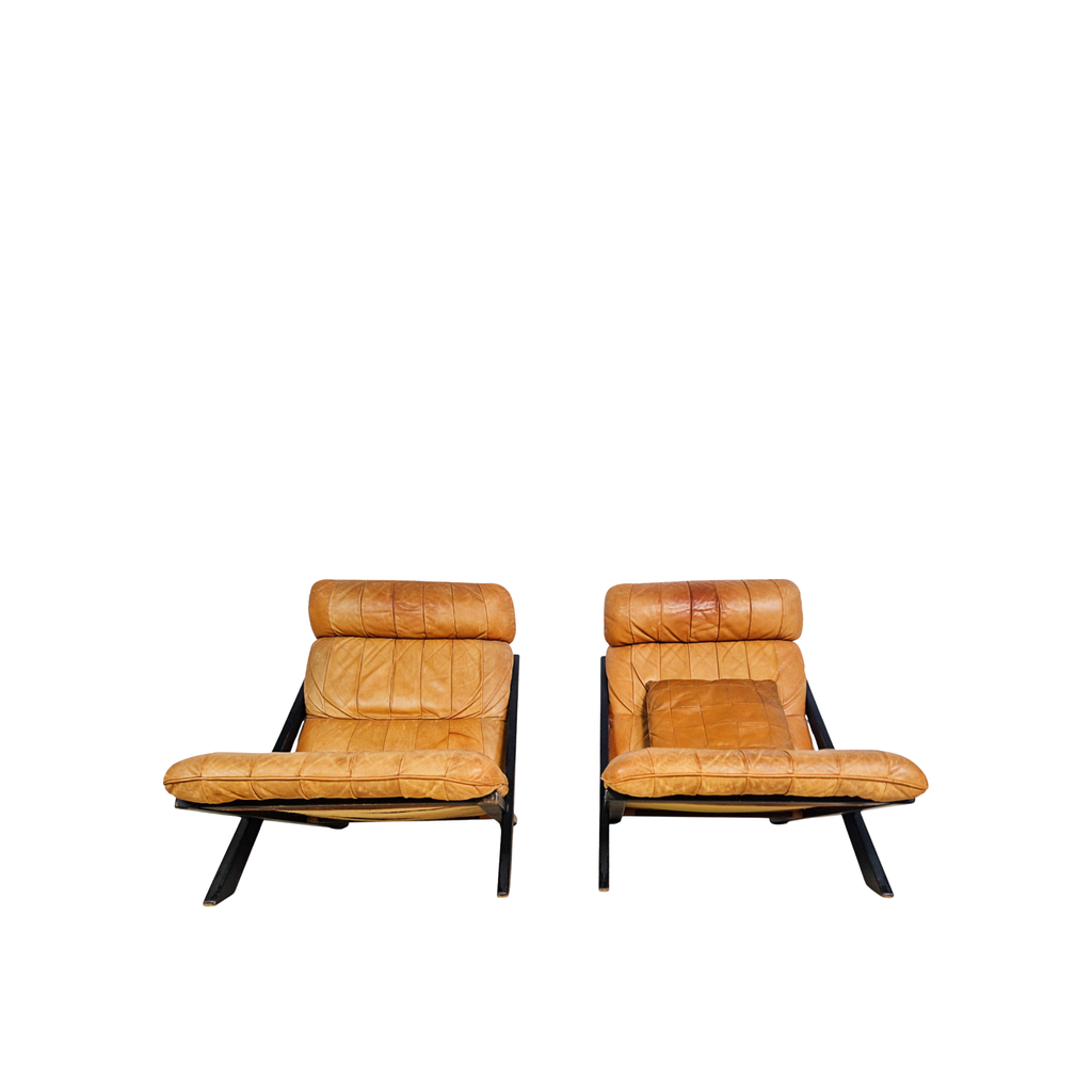 Ueli Berger for De Sede Model DS-80 Cognac Leather Lounge Chairs Pair