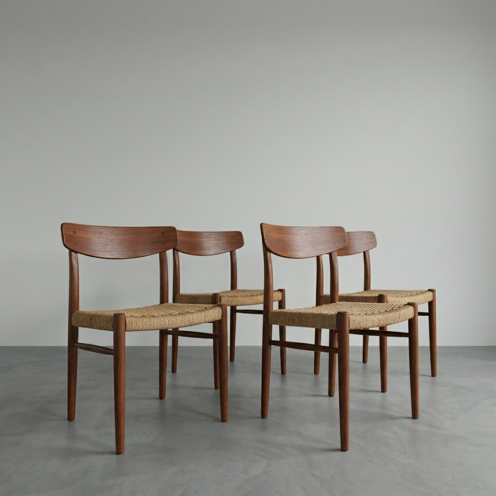A.M Møbler Model 501 Danish Teak & Cord Dining Chairs Set of Four
