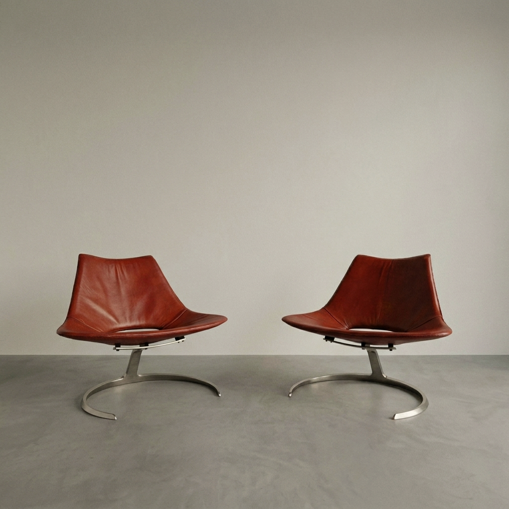 Preben Fabricius & Jørgen Kastholm Pair Scimitar IS63 Leather Lounge Chairs