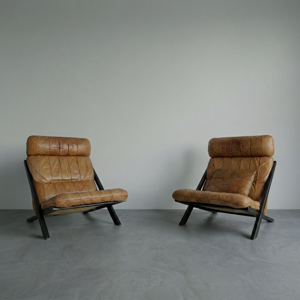 Ueli Berger for De Sede Model DS-80 Cognac Leather Lounge Chairs Pair