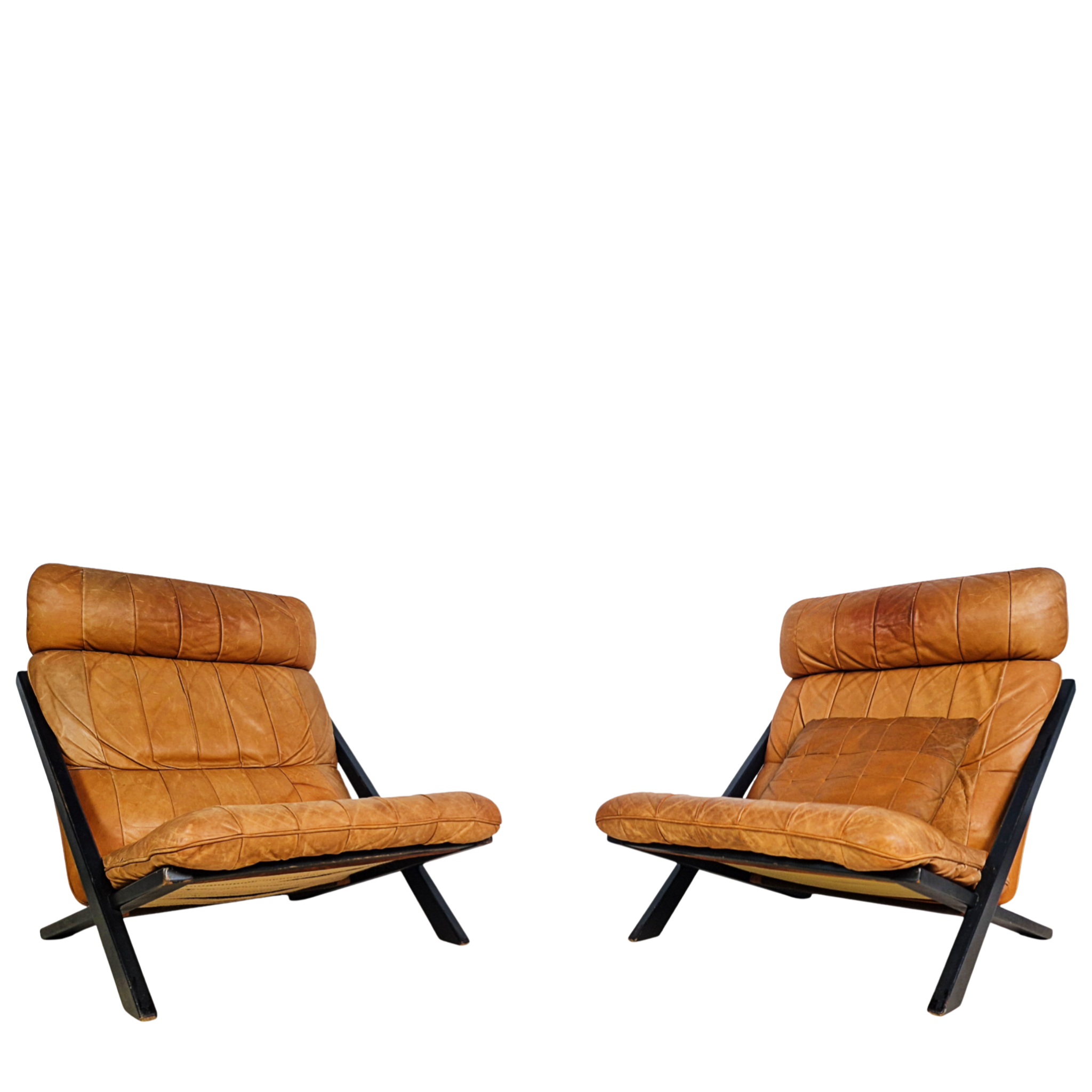 Ueli Berger for De Sede Model DS-80 Cognac Leather Lounge Chairs Pair
