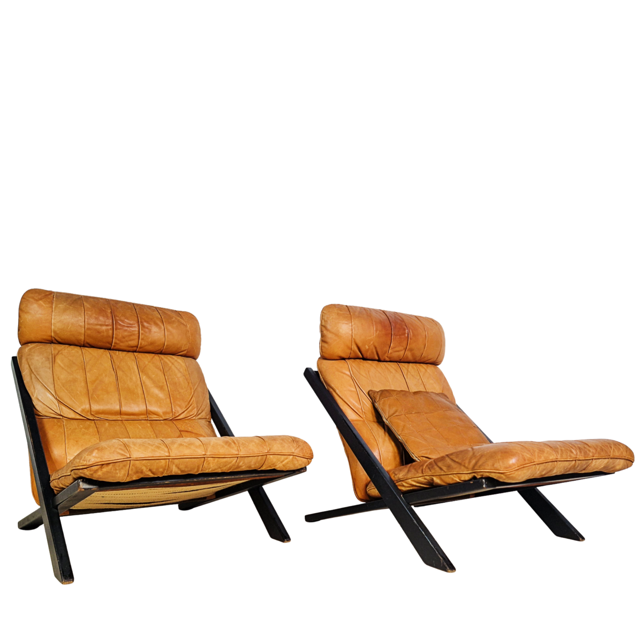 Ueli Berger for De Sede Model DS-80 Cognac Leather Lounge Chairs Pair